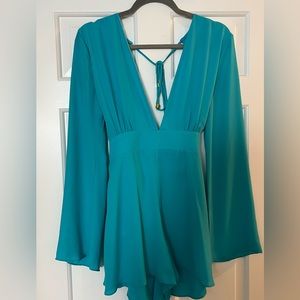 Aqua, V neck plunge neckline, open back, long sleeve,  Romper